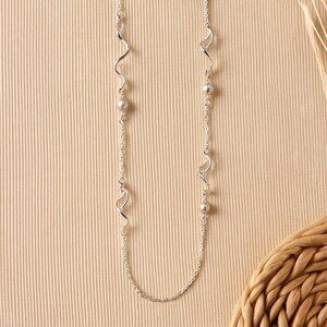George Essentials Silver Tone Swirl & Bead Long Necklace 26” + 3” Extender Hypoa